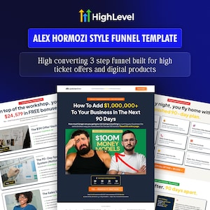 Puede incluir: Gráfico de marketing digital con el texto "ALEX HORMOZI STYLE FUNNEL TEMPLATE" y "High converting 3 step funnel built for high ticket offers and digital products." La imagen incluye capturas de pantalla de un sitio web y el texto "Cómo agregar $1,000,000+ a su negocio en los próximos 90 días."