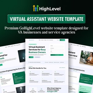 May include: An image promoting a virtual assistant website template. The image shows website mockups with the text "Virtual Assistant Website Template" and "Premium GoHighLevel website template designed for VA businesses and service agencies."