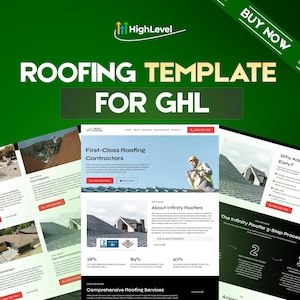 May include: A green graphic with the text "ROOFING TEMPLATE FOR GHL" and the HighLevel logo. The image also includes website mockups for roofing contractors, showcasing services and contact information.