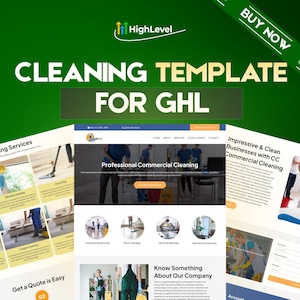 May include: A promotional image for a cleaning template for GHL. The image features a green background with the text "CLEANING TEMPLATE FOR GHL" in large white letters. Several screenshots of a website are displayed, showcasing cleaning services and commercial cleaning.