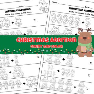 Puede incluir: Hojas de trabajo de suma con temática navideña en blanco y negro. Las hojas de trabajo presentan ilustraciones de Papá Noel, elfos, bastones de caramelo y pudín de Navidad. El texto dice "CHRISTMAS ADDITION" y "COUNT AND COLOR".