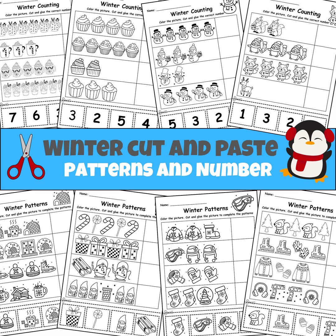 Winter Cut and Paste Worksheets, Patterns & Numbers, Preschool ...
