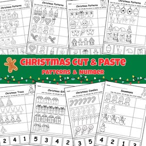 Può includere: Una raccolta di fogli di lavoro natalizi in bianco e nero. I fogli presentano schemi, conteggi e attività di ritaglio e incolla con immagini di alberi di Natale, regali, caramelle e pupazzi di neve. Il titolo è "CHRISTMAS CUT & PASTE PATTERNS & NUMBER".