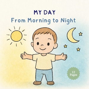 Może przedstawiać: Okładka książki dla dzieci z tytułem "MY DAY From Morning to Night". Ilustracja przedstawia dziecko z kreskówki z wyciągniętymi ramionami, słońce, księżyc w kształcie półksiężyca i gwiazdy. Książka ma 12 stron.