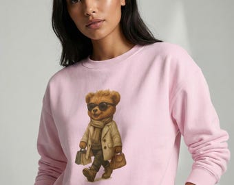 Trench Coat Teddy Bear Sweatshirt - Vintage Bear Illustration Graphic Crewneck
