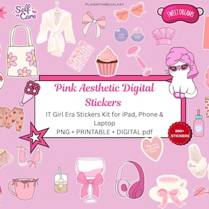 May include: Pink aesthetic digital stickers featuring various illustrations, including a tote bag, high heels, a cupcake, and a cat wearing sunglasses. The stickers are designed for iPad, phone, and laptop use, with the text "Pink Aesthetic Digital Stickers".