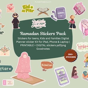 Könnte beinhalten: Digitales Ramadan-Sticker-Paket mit verschiedenen Illustrationen, darunter eine Moschee, betende Hände und Text. Die Sticker sind für digitale Planer konzipiert und für Teenager, Kinder und Familien geeignet. Über 200 Sticker.
