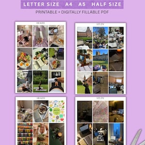 May include: A digital vision board kit with the text "VISION BOARD KIT" and the words "IMAGES | WORDS | QUOTES | POSITIVE AFFIRMATION". The kit includes printable and digitally fillable PDF files in letter, A4, A5, and half sizes.