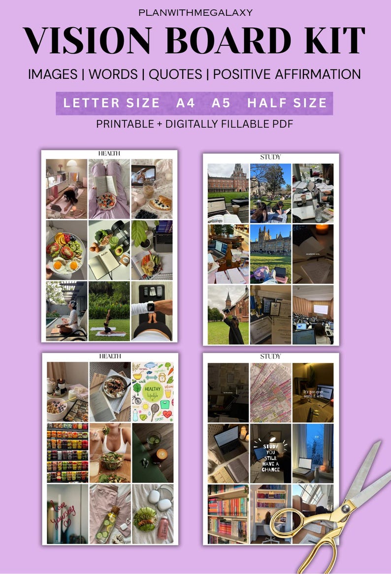 May include: A digital vision board kit with the text "VISION BOARD KIT" and the words "IMAGES | WORDS | QUOTES | POSITIVE AFFIRMATION". The kit includes printable and digitally fillable PDF files in letter, A4, A5, and half sizes.