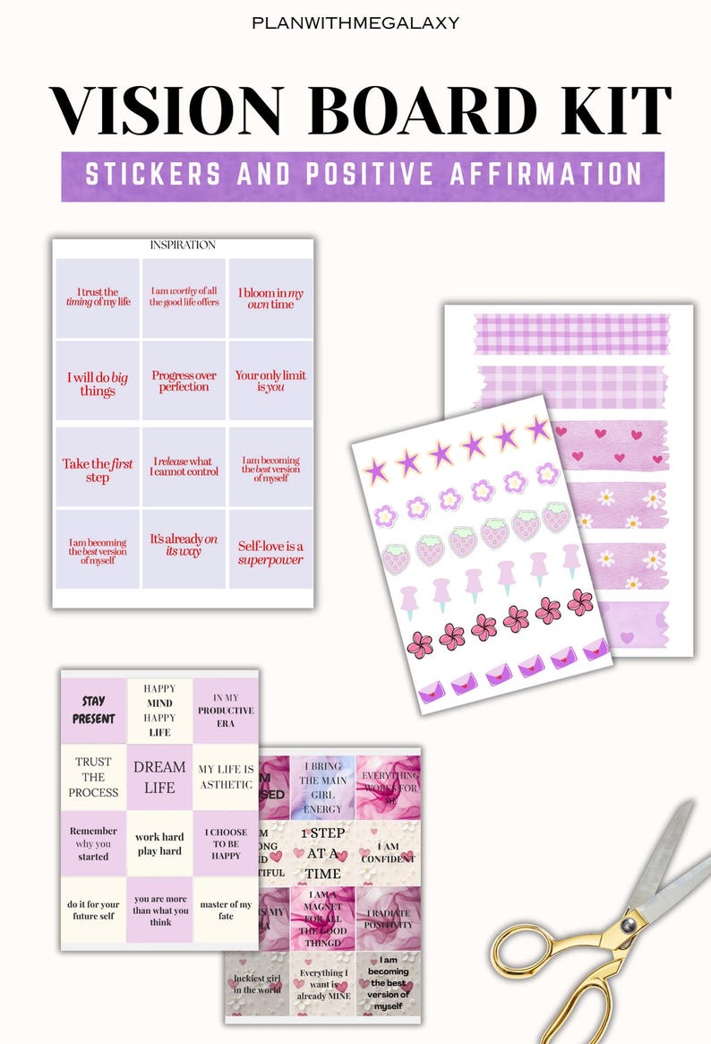 May include: A vision board kit with stickers and positive affirmations. Includes sticker sheets with stars, strawberries, flowers, and push pins. Also includes affirmation cards with phrases like "I am confident" and "Dream Life".
