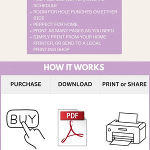 May include: Digital schedule with product information and instructions. Includes A4 and Letter sizes. Features a "BUY" button, a PDF icon, and a printer illustration. Text includes "PLANWITHMEGALAXY" and "HOW IT WORKS".