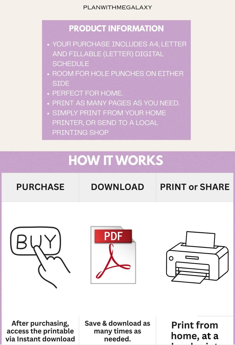 May include: Digital schedule with product information and instructions. Includes A4 and Letter sizes. Features a "BUY" button, a PDF icon, and a printer illustration. Text includes "PLANWITHMEGALAXY" and "HOW IT WORKS".