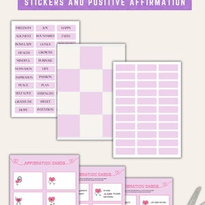 May include: A vision board kit with stickers and positive affirmations. The kit includes sticker sheets, affirmation cards, and a pair of gold scissors. The stickers are in various shapes and sizes, and the affirmation cards feature heart-shaped illustrations.