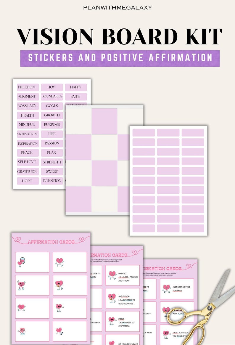 May include: A vision board kit with stickers and positive affirmations. The kit includes sticker sheets, affirmation cards, and a pair of gold scissors. The stickers are in various shapes and sizes, and the affirmation cards feature heart-shaped illustrations.