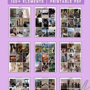 May include: A vision board kit with the text "VISION BOARD KIT" and "100+ ELEMENTS | PRINTABLE PDF". The kit includes various image collages categorized by themes like Career, Marriage, and Family, with a pair of gold scissors.