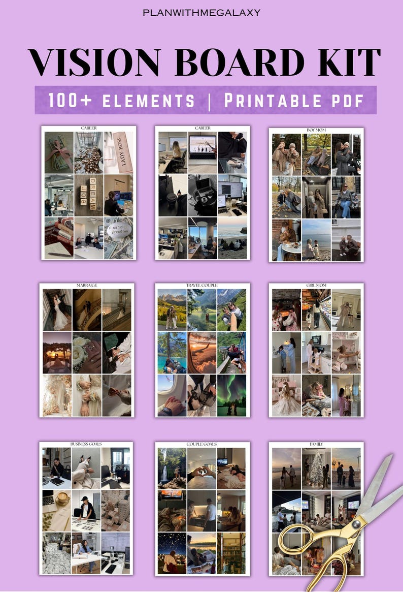 May include: A vision board kit with the text "VISION BOARD KIT" and "100+ ELEMENTS | PRINTABLE PDF". The kit includes various image collages categorized by themes like Career, Marriage, and Family, with a pair of gold scissors.