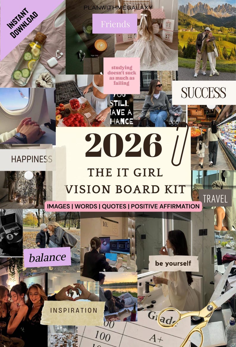 May include: A collage-style vision board kit with the text "2026 The IT Girl Vision Board Kit." The image includes photos with words like "Friends," "Success," and "Travel." It also features a bottle with cucumber slices and a pair of white earbuds.