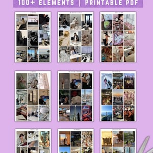 May include: A vision board kit with the text "VISION BOARD KIT" and "100+ ELEMENTS | PRINTABLE PDF". The kit includes images categorized under "CAREER", "BUSINESS GOALS", "SELF CARE", and "ADVENTURE". A pair of gold scissors is in the bottom right corner.