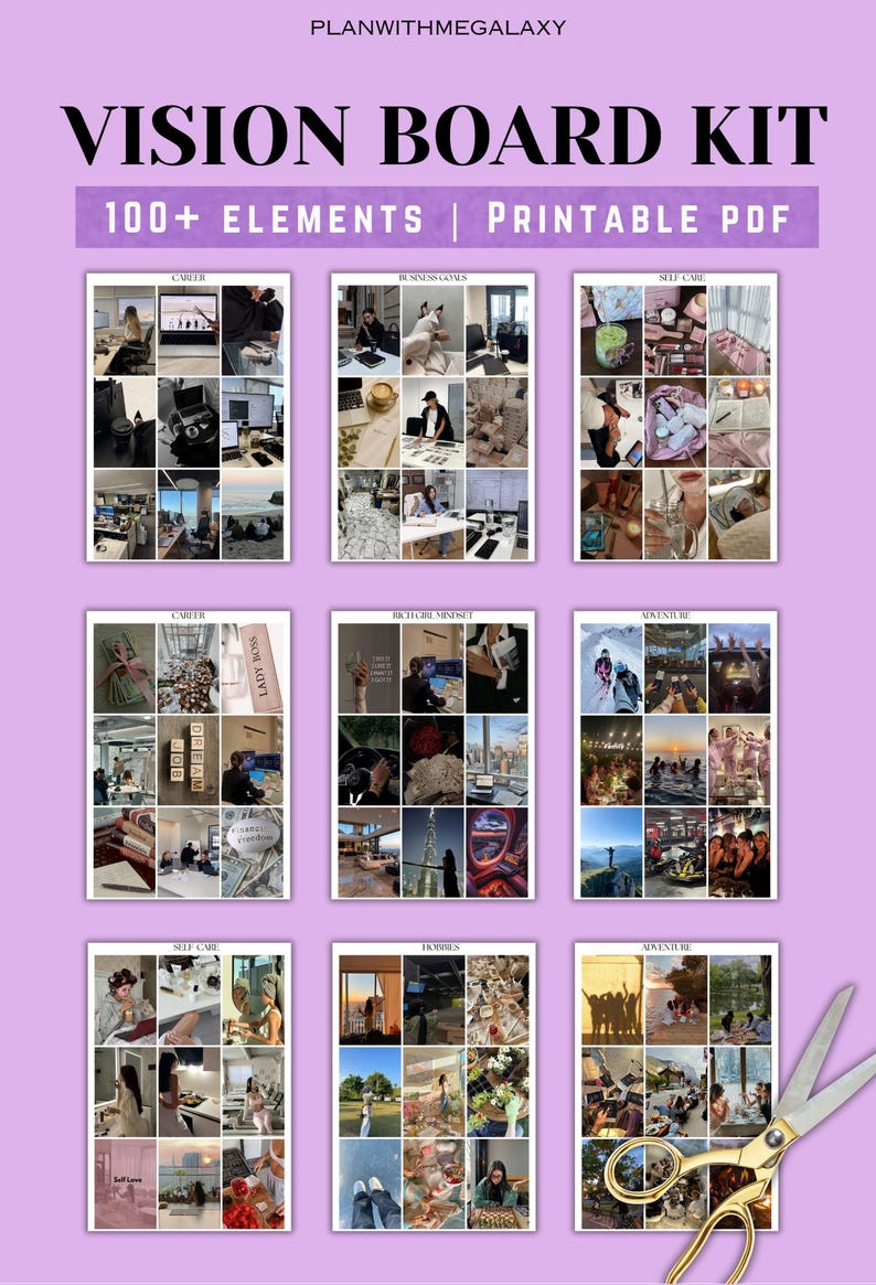 May include: A vision board kit with the text "VISION BOARD KIT" and "100+ ELEMENTS | PRINTABLE PDF". The kit includes images categorized under "CAREER", "BUSINESS GOALS", "SELF CARE", and "ADVENTURE". A pair of gold scissors is in the bottom right corner.
