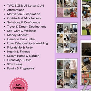 May include: A pink digital planner with the text "WHAT'S INCLUDED?" and a list of topics like "Affirmations" and "Self-Love & Confidence." The image includes a "200+ PICTURES" badge and sample images.
