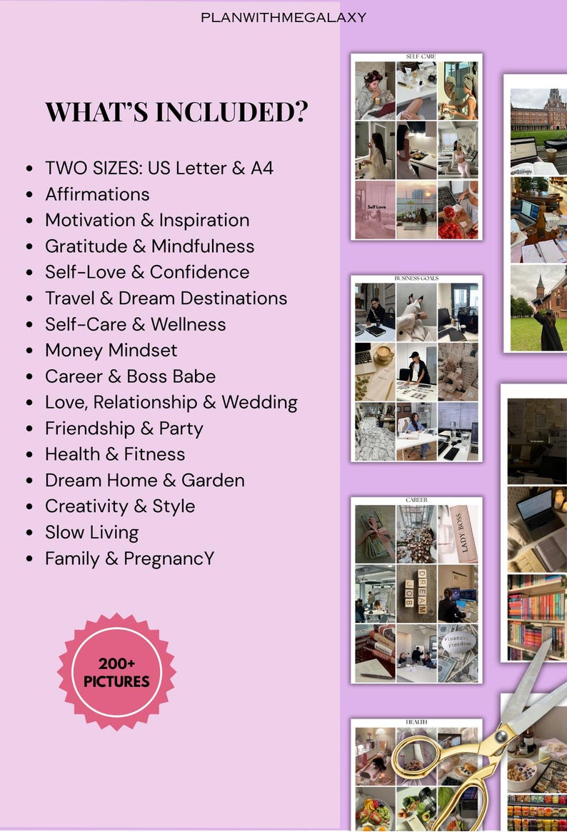 May include: A pink digital planner with the text "WHAT'S INCLUDED?" and a list of topics like "Affirmations" and "Self-Love & Confidence." The image includes a "200+ PICTURES" badge and sample images.