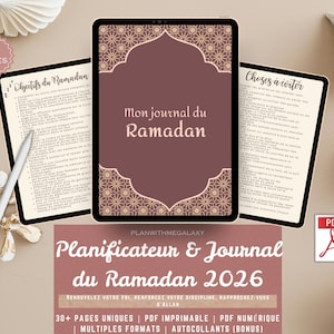 Może przedstawiać: Cyfrowy planer i dziennik na Ramadan 2026. Okładka w kolorze bordowym z kwiatowym wzorem i tekstem "Mon journal du Ramadan". Widoczne są również dwie inne cyfrowe strony z tekstem. Tekst "Planificateur & Journal du Ramadan 2026" jest również obecny.