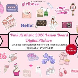 Adesivi PNG con lavagna rosa Vision Board 2026, estetici, carini, da ragazza, stampabili digitalmente per agende, diari, computer portatili, citazioni umoristiche impertinenti, GoodNotes Ready