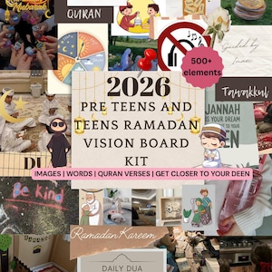 May include: A collage of images and text related to Ramadan. Includes images of dates, watermelon, a vision board kit for pre-teens and teens, and the text "Ramadan Mubarak". The kit includes images, words, and Quran verses.