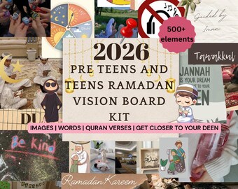 Könnte beinhalten: Eine Collage mit Bildern und Texten zum Thema Ramadan. Enthält Bilder von Datteln, Wassermelone, ein Vision Board Kit für Teenager und Jugendliche sowie den Text "Ramadan Mubarak". Das Kit enthält Bilder, Wörter und Koranverse.