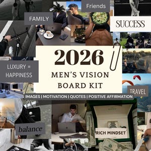 Könnte beinhalten: Digitales Vision Board Kit für Männer für 2026. Die Collage zeigt Bilder von Familie, Freunden, Reisen und Luxus. Der Text enthält "Sofort-Download", "Men's Vision Board Kit" und motivierende Zitate.