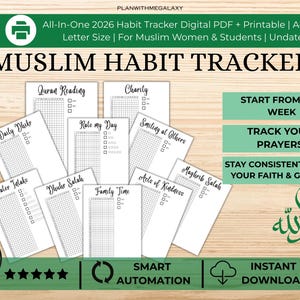 May include: A digital and printable Muslim habit tracker for 2026, designed for women and students. The undated tracker includes pages for Quran reading, charity, daily dhikr, water intake, and more. Features include smart automation and instant download.