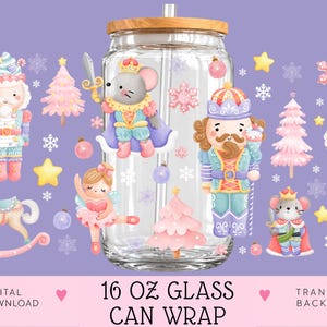 Nutcracker Christmas Glass Can Wrap PNG | Pink Christmas Nutcracker | 16oz Libbey Glass Sublimation | Pink Coquette Christmas