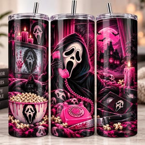May include: A cylindrical tumbler with a metal straw featuring a vibrant pink and black horror-themed graphic. The design includes a masked figure holding a pink rotary phone, a bowl of popcorn, a black cat, a haunted mansion, and a knife.
