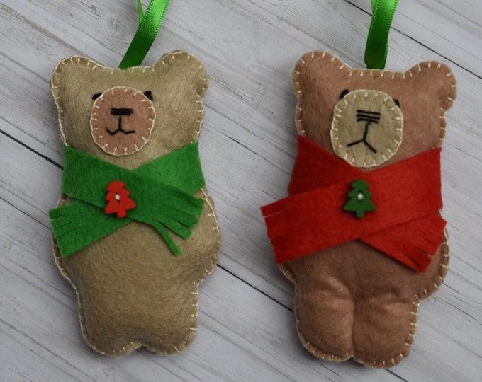 Sewing kit to make 2 x Christmas teddy hanging decorations, Christmas ornaments, felt teddy, make a bear, Xmas sewing kit