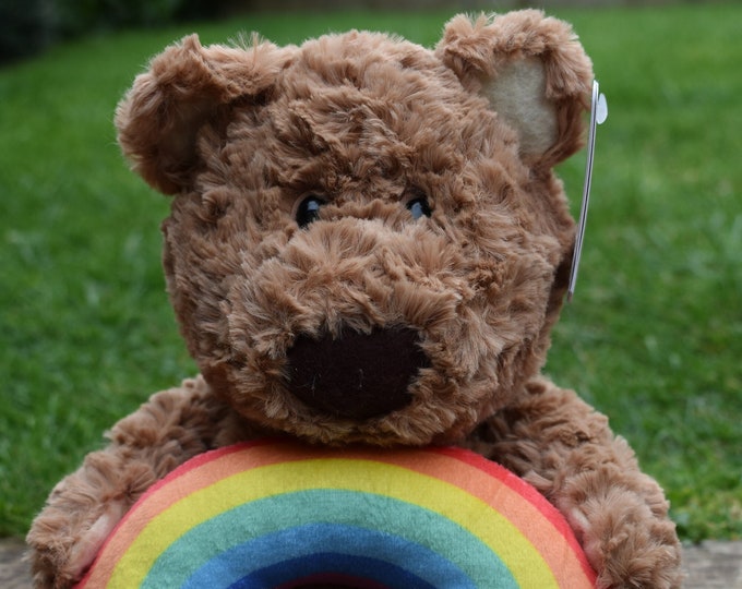 Barley Bear - 'Rainbow' - Large plush bear, 8" seated. Interchangeable gift tag