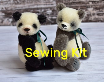 Complete sewing kit to make 'Freddy' Panda bear - 4.75." Mohair, joints, filling - Black or Grey, teddy sewing kit, make a bear