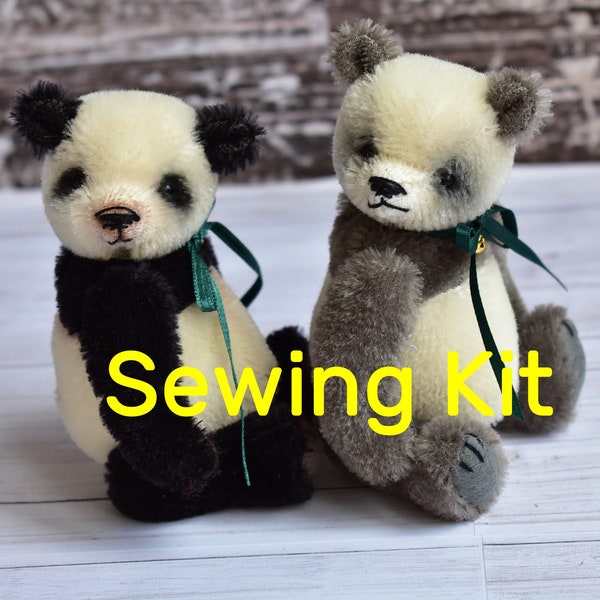 Complete sewing kit to make 'Freddy' Panda bear - 4.75." Mohair, joints, filling - Black or Grey, teddy sewing kit, make a bear