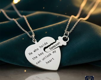 Personalisierter Schlüssel und Herz-Halsketten-Set, Sterlingsilber-Paar-Anhänger, Passender Liebesschmuck, Romantisches Geschenk für Sie und Ihn