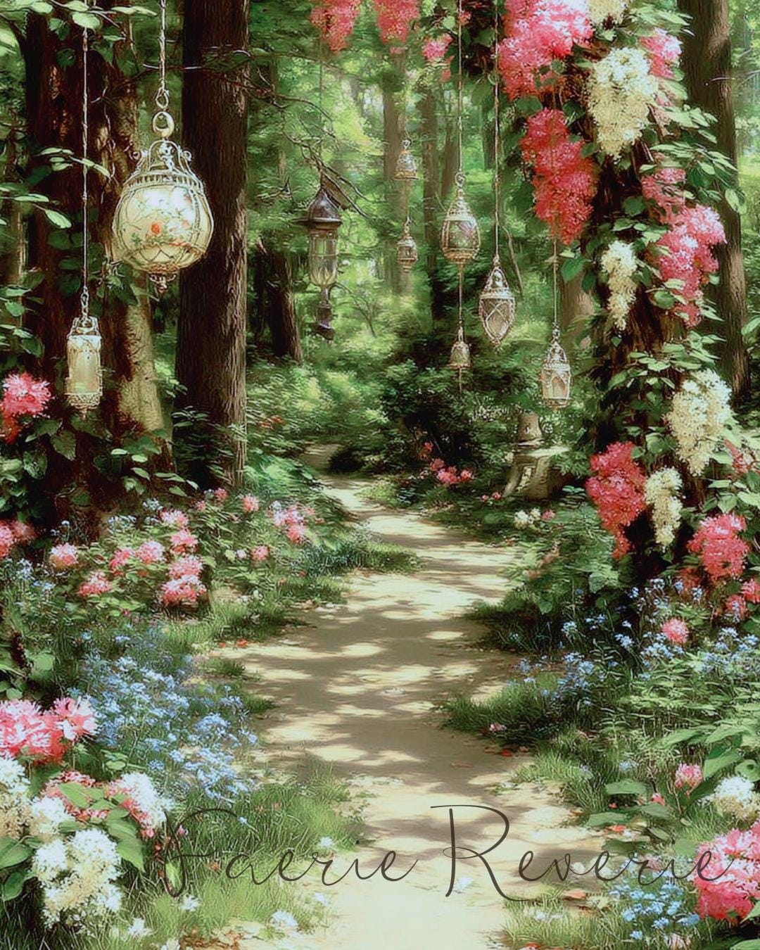 Enchanted Forest Path Lanterns Print | Romantic Vintage Wall Art ...