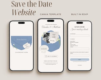 Coastal Blue Wedding Save The Date Website Template, Digital Beach Wedding Invitation, Editable Canva Website - CB01