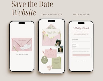 Pink Green Save the Date Wedding Website Template with RSVP, Floral Wedding, Digital Wedding Invitation, Editable Canva Website - PG01