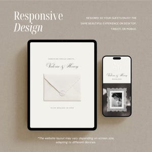 May include: A tablet and a smartphone displaying a responsive wedding website design. The tablet shows an envelope graphic with the text 'Valeria & Henry' and 'Click envelope to open'. The phone displays a monogram, names, and a framed photo.