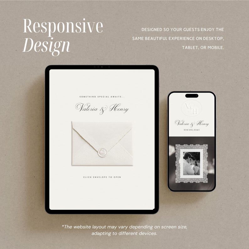 May include: A tablet and a smartphone displaying a responsive wedding website design. The tablet shows an envelope graphic with the text 'Valeria & Henry' and 'Click envelope to open'. The phone displays a monogram, names, and a framed photo.