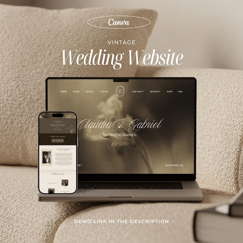 Vintage Wedding Website Template, Elegant Old Money Canva Design (RSVP Included) - V01 image 1