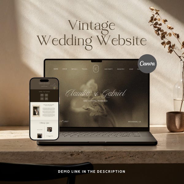 Vintage Wedding Website Template, Elegant Old Money Canva Design (RSVP Included) - WW03