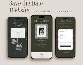 Green Swan Save the Date Wedding Website Template with RSVP, Digital Old Money Wedding Invitation, Editable Canva Website - OM01