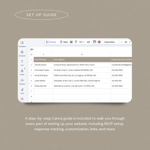 May include: A digital spreadsheet interface displayed on a screen, featuring columns for full name, address, and email. The top toolbar includes icons for actions, data, and formatting options. The text SET UP GUIDE appears above the spreadsheet.