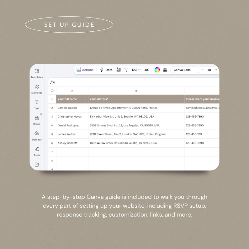 May include: A digital spreadsheet interface displayed on a screen, featuring columns for full name, address, and email. The top toolbar includes icons for actions, data, and formatting options. The text SET UP GUIDE appears above the spreadsheet.