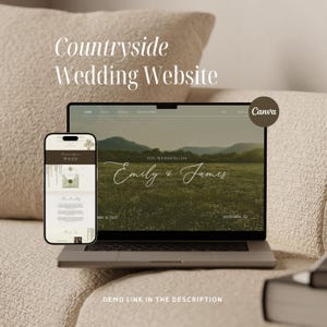 May include: A laptop and smartphone showcase a wedding website design. The laptop screen displays a landscape image with the text "The Wedding of Emily & James." The smartphone shows a similar design. The text "Countryside Wedding Website" is at the top.