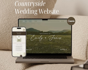 Plantilla de sitio web para bodas en el campo, sitio web de bodas rústicas con formulario de confirmación de asistencia, diseño editable de Canva - WW12